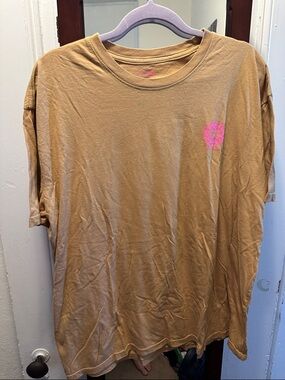 NATURAL LIFE Mustard Tan Short Sleeve Tee with Pink Graphic